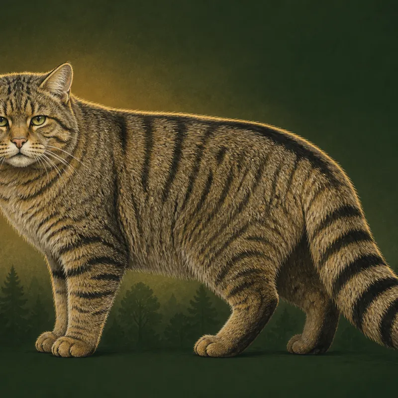 European Wildcat (Felis silvestris), original illustration showing its coat pattern and body shape