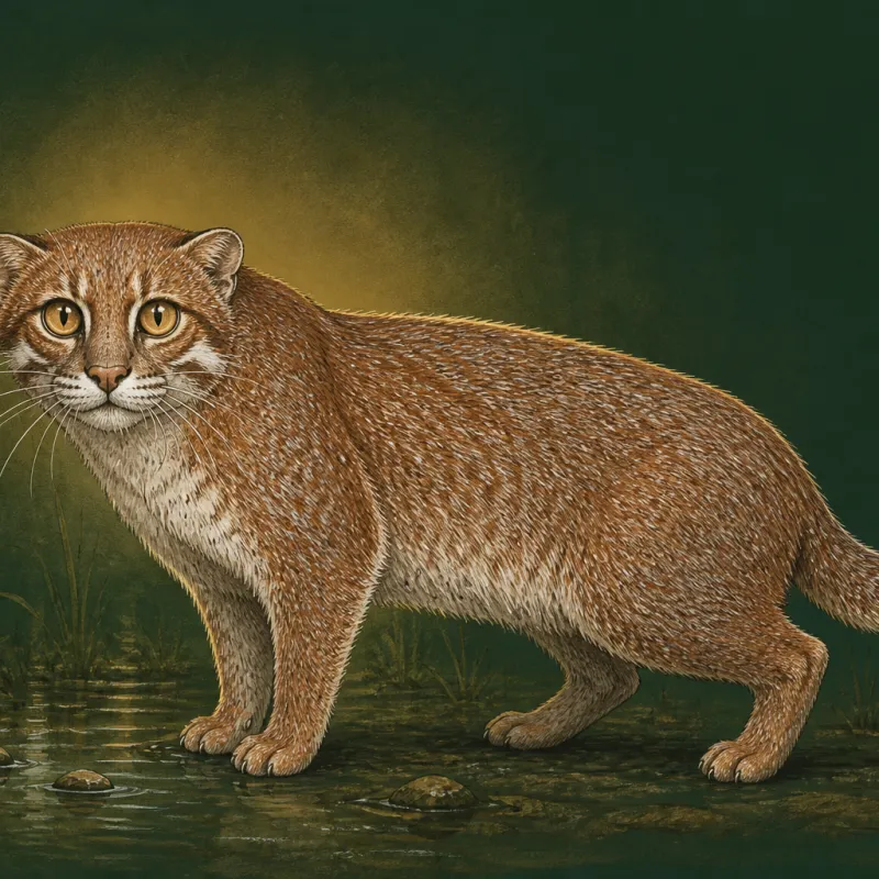 Flat-headed Cat (Prionailurus planiceps), original illustration showing its coat pattern and body shape