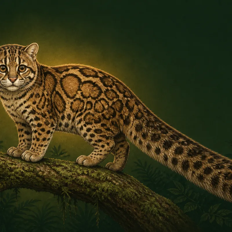 Marbled Cat (Pardofelis marmorata), original illustration showing its coat pattern and body shape