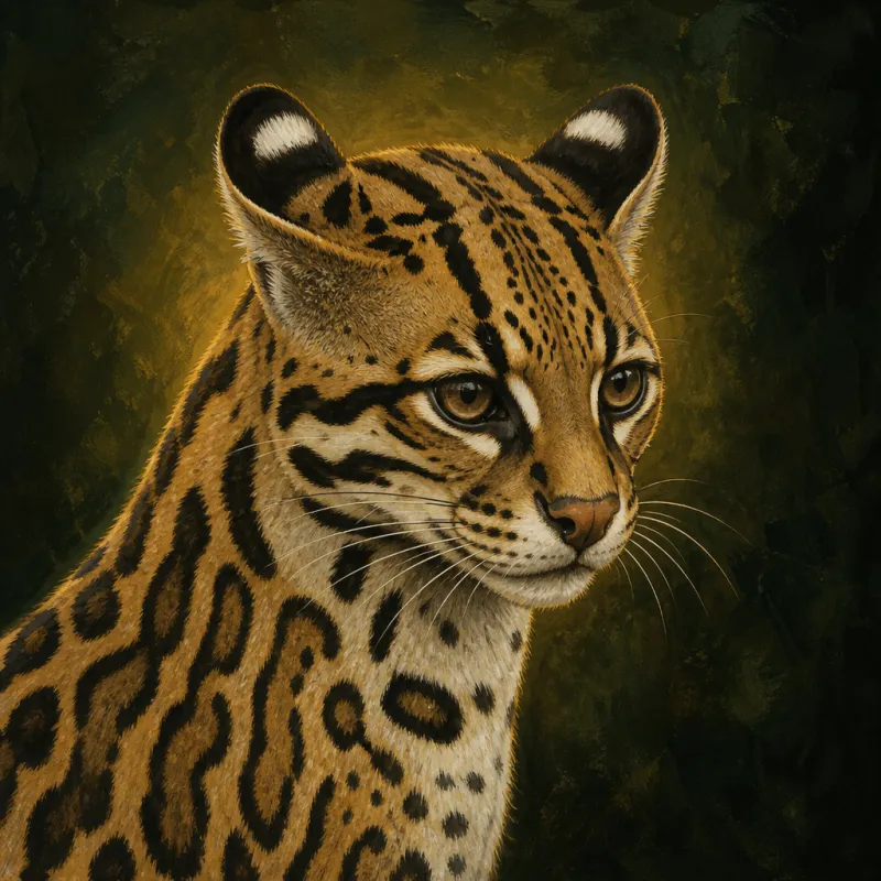 Ocelot (Leopardus pardalis), original illustration showing its coat pattern and body shape