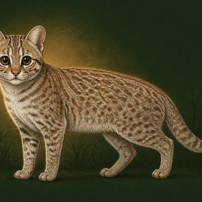 Rusty-spotted Cat (Prionailurus rubiginosus), original illustration showing its coat pattern and body shape